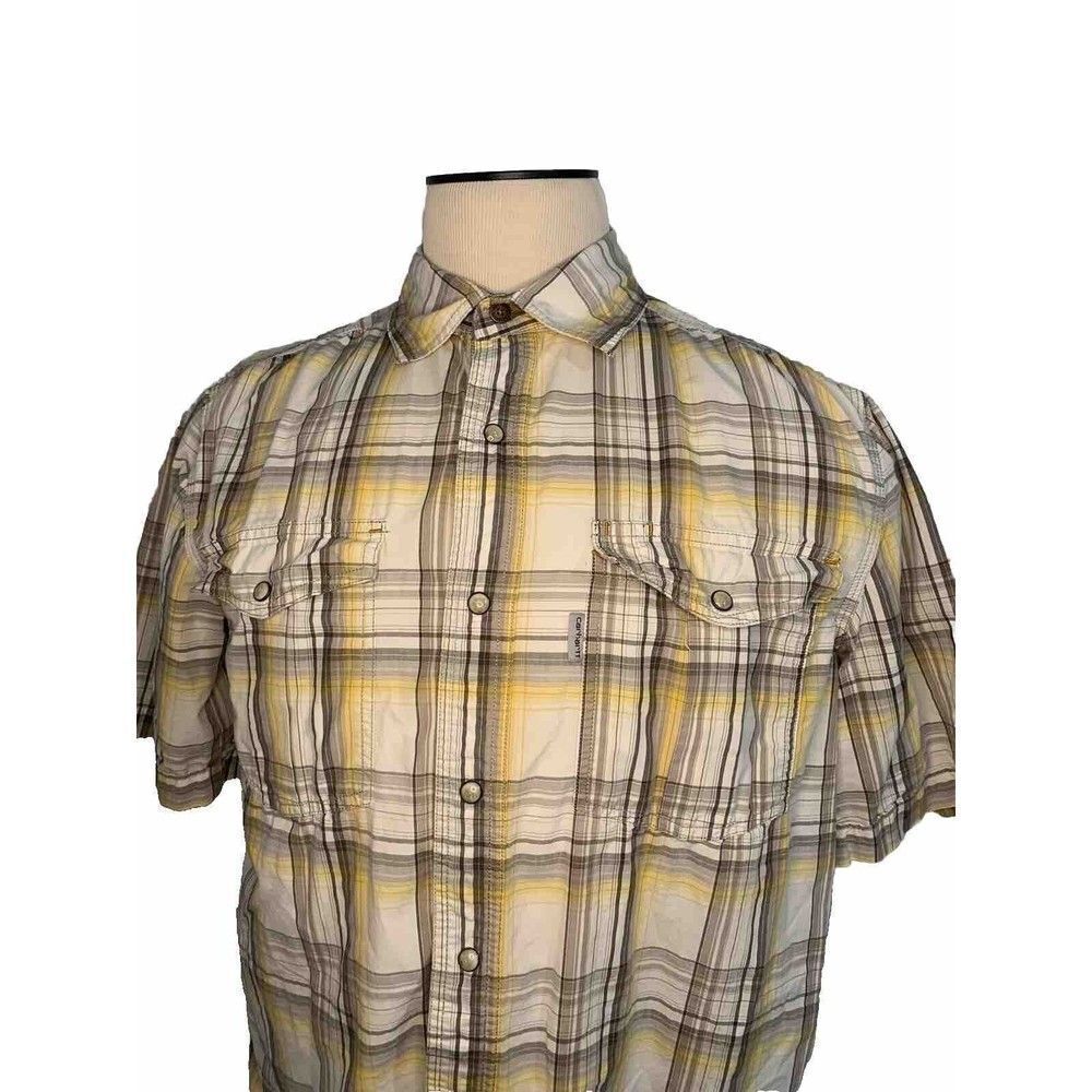 Carhartt Size Large Men Relaxed Fit Pearl Snap Yellow Plaid Short Sleeve Shirt